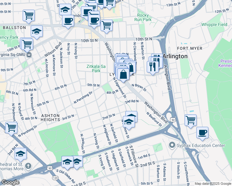 map of restaurants, bars, coffee shops, grocery stores, and more near 317 North Fillmore Street in Arlington