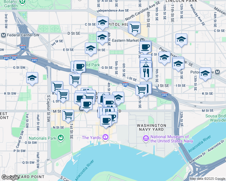map of restaurants, bars, coffee shops, grocery stores, and more near 930 4th Street Southeast in Washington