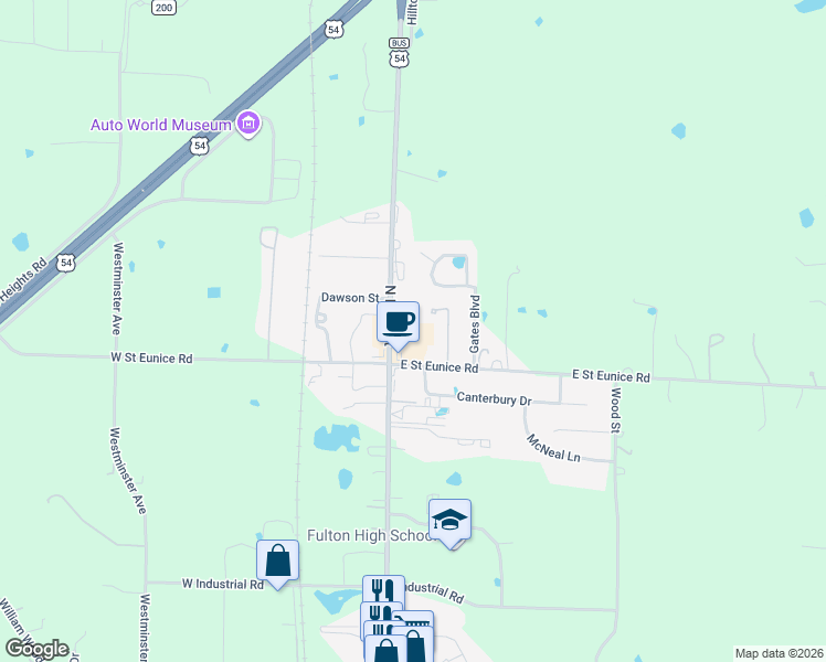 map of restaurants, bars, coffee shops, grocery stores, and more near 301 East Saint Eunice Road in Fulton
