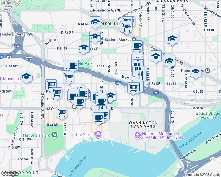 map of restaurants, bars, coffee shops, grocery stores, and more near 900 5th Street Southeast in Washington
