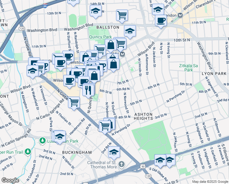 map of restaurants, bars, coffee shops, grocery stores, and more near 3808 6th Road North in Arlington