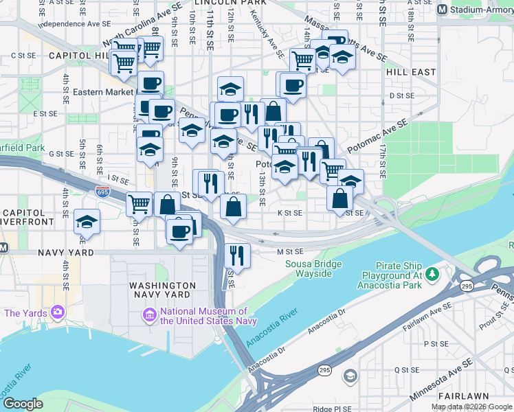map of restaurants, bars, coffee shops, grocery stores, and more near 101 Independence Avenue Southeast in Washington