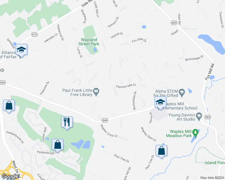 map of restaurants, bars, coffee shops, grocery stores, and more near 11723 Flemish Mill Court in Oakton
