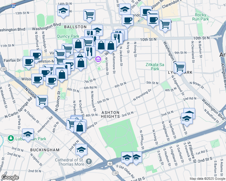 map of restaurants, bars, coffee shops, grocery stores, and more near 521 North Lincoln Street in Arlington