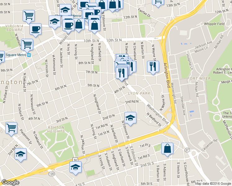 map of restaurants, bars, coffee shops, grocery stores, and more near 317 North Fillmore Street in Arlington