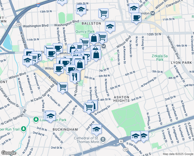 map of restaurants, bars, coffee shops, grocery stores, and more near 3808 6th Road North in Arlington