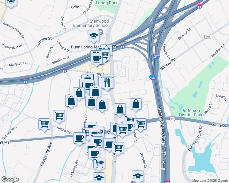 map of restaurants, bars, coffee shops, grocery stores, and more near 2743 Gallows Road in Vienna