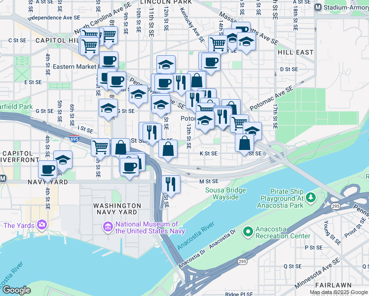 map of restaurants, bars, coffee shops, grocery stores, and more near 1235 Potomac Avenue Southeast in Washington