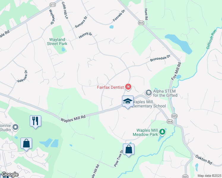 map of restaurants, bars, coffee shops, grocery stores, and more near 11469 Bronzedale Drive in Oakton