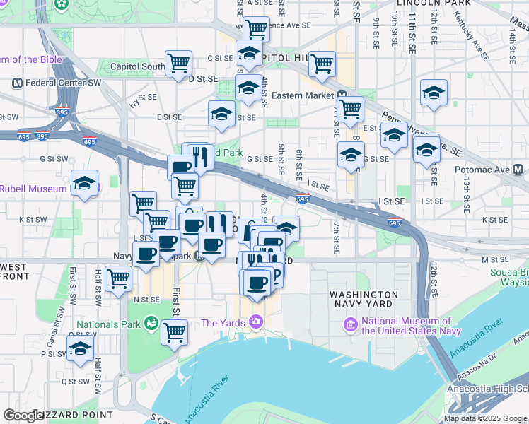 map of restaurants, bars, coffee shops, grocery stores, and more near 930 4th Street Southeast in Washington