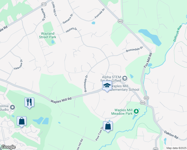 map of restaurants, bars, coffee shops, grocery stores, and more near 11469 Bronzedale Drive in Oakton