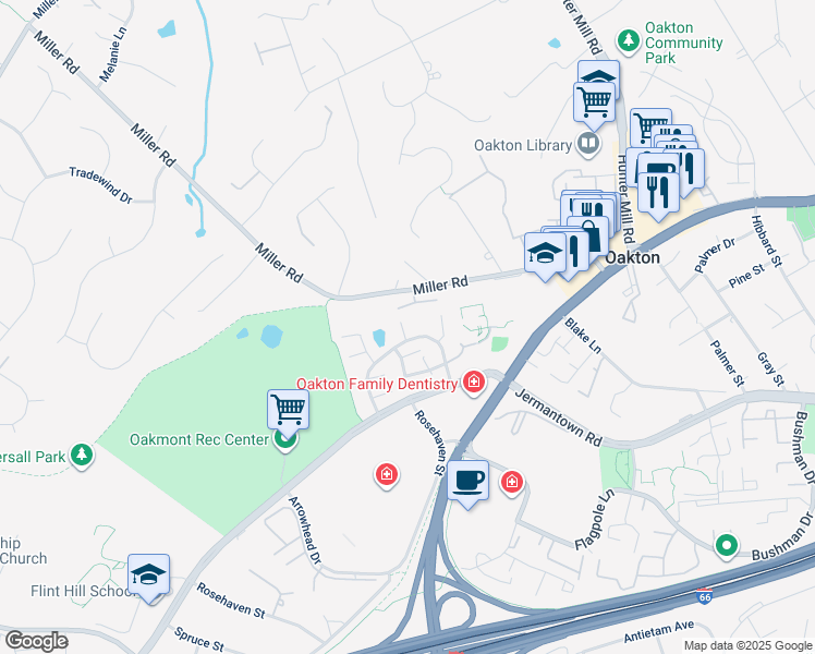 map of restaurants, bars, coffee shops, grocery stores, and more near 2919 Oakbury Court in Oakton