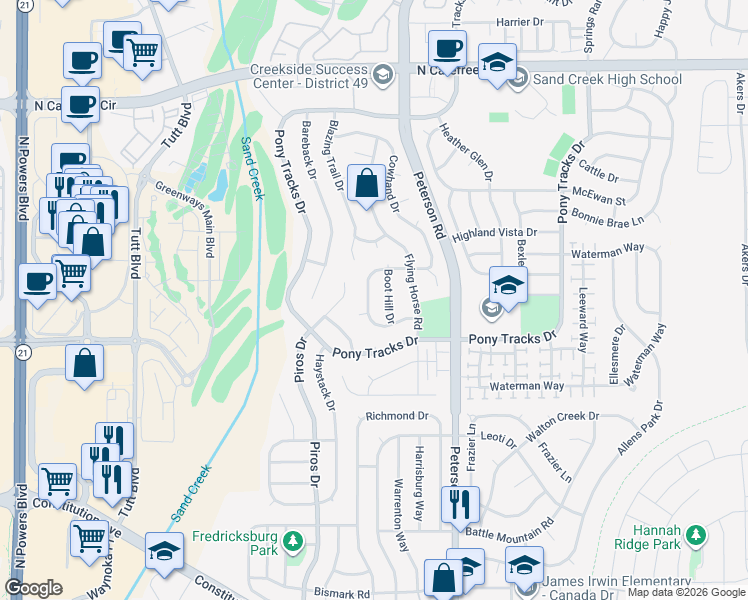 map of restaurants, bars, coffee shops, grocery stores, and more near 3130 Boothill Drive in Colorado Springs