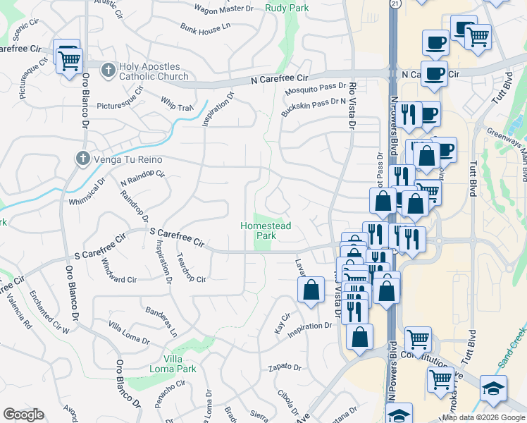 map of restaurants, bars, coffee shops, grocery stores, and more near 5615 Escapardo Way in Colorado Springs