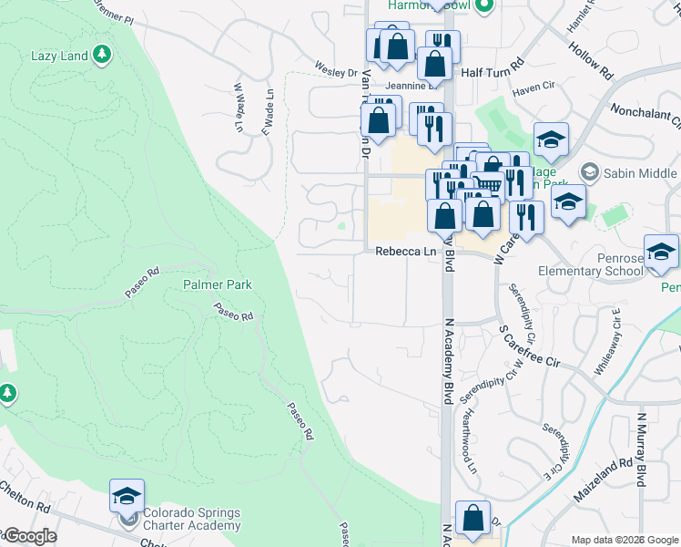 map of restaurants, bars, coffee shops, grocery stores, and more near 3578 Parkmoor Village Drive in Colorado Springs
