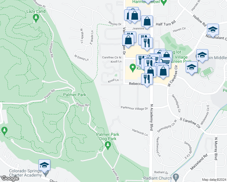 map of restaurants, bars, coffee shops, grocery stores, and more near 3460 Parkmoor Village Drive in Colorado Springs