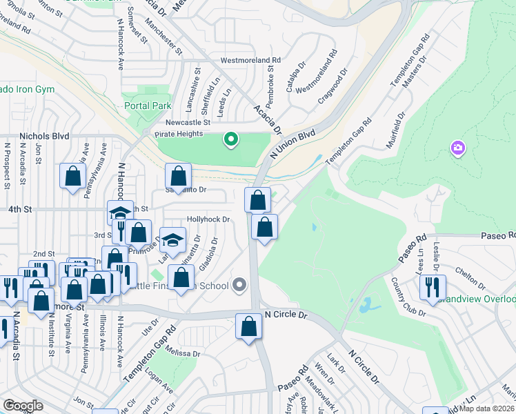 map of restaurants, bars, coffee shops, grocery stores, and more near 3362 Templeton Gap Road in Colorado Springs