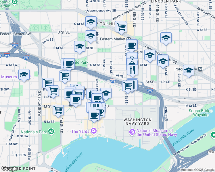 map of restaurants, bars, coffee shops, grocery stores, and more near 101 Independence Avenue Southeast in Washington