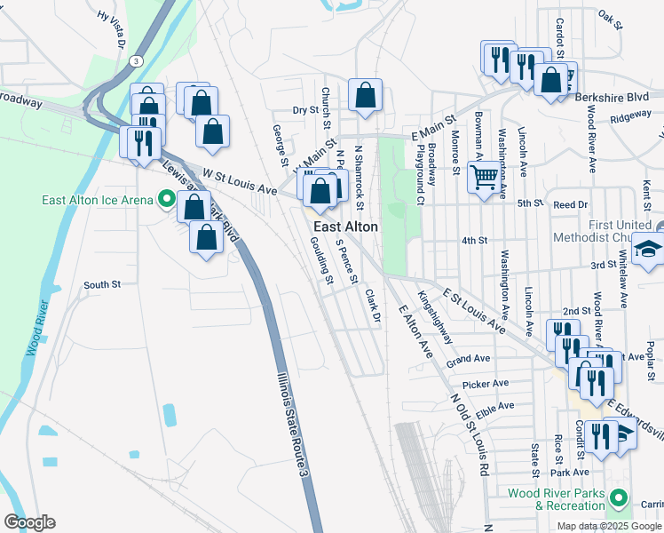 map of restaurants, bars, coffee shops, grocery stores, and more near 174 Goulding Street in East Alton