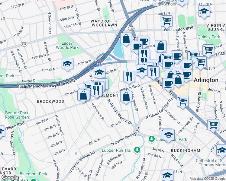 map of restaurants, bars, coffee shops, grocery stores, and more near 4805 Wilson Boulevard in Arlington