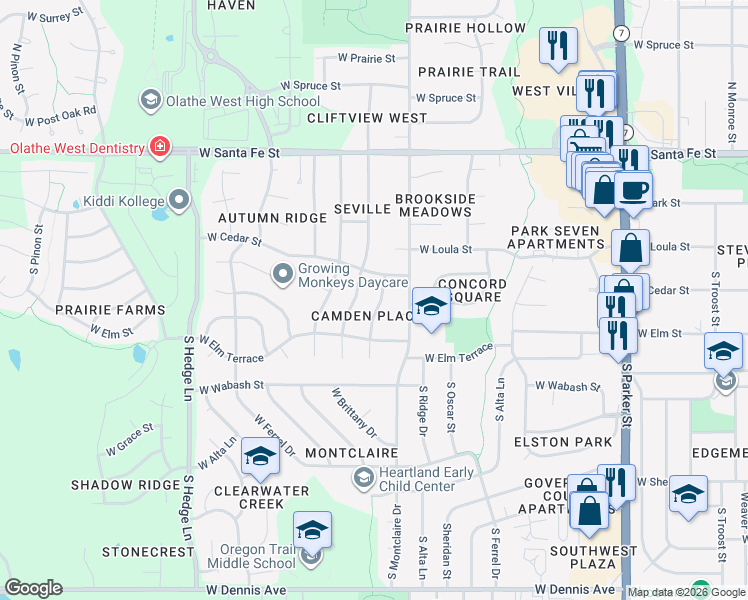 map of restaurants, bars, coffee shops, grocery stores, and more near 218 South Brittany Drive in Olathe