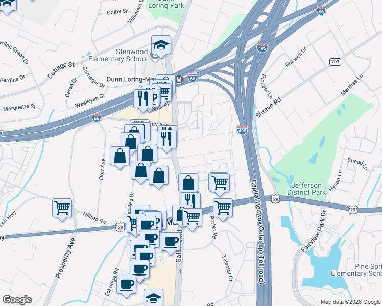 map of restaurants, bars, coffee shops, grocery stores, and more near 8134 Prescott Drive in Vienna