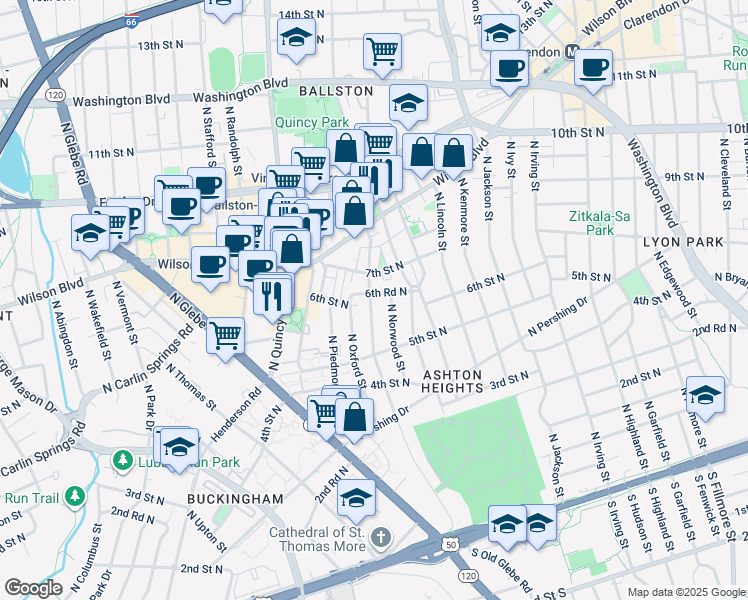 map of restaurants, bars, coffee shops, grocery stores, and more near 3714 6th Road North in Arlington