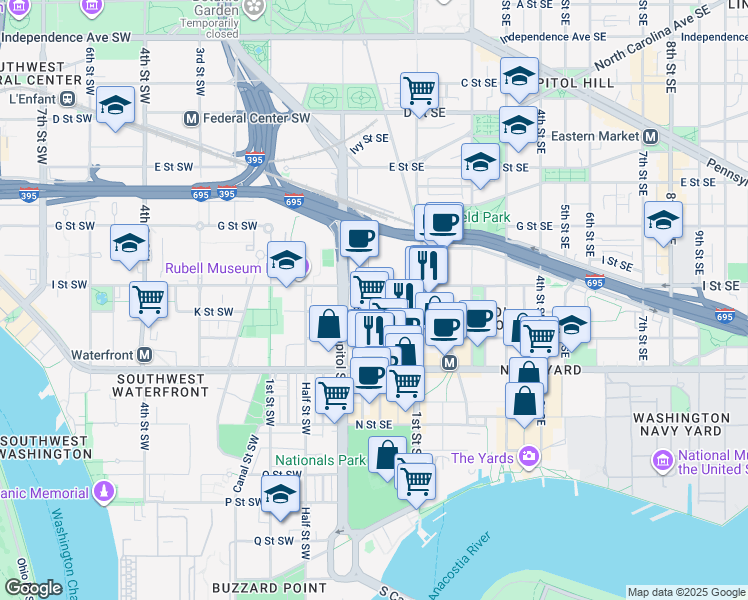 map of restaurants, bars, coffee shops, grocery stores, and more near 28 K Street Southeast in Washington