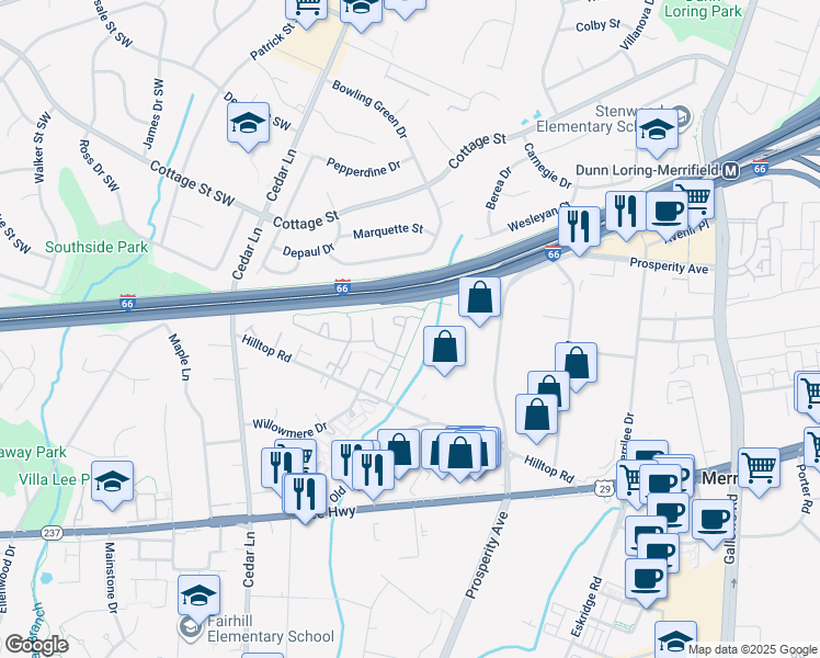 map of restaurants, bars, coffee shops, grocery stores, and more near 2771 Knollside Lane in Vienna
