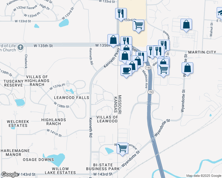 map of restaurants, bars, coffee shops, grocery stores, and more near 2040 137th Terrace in Leawood