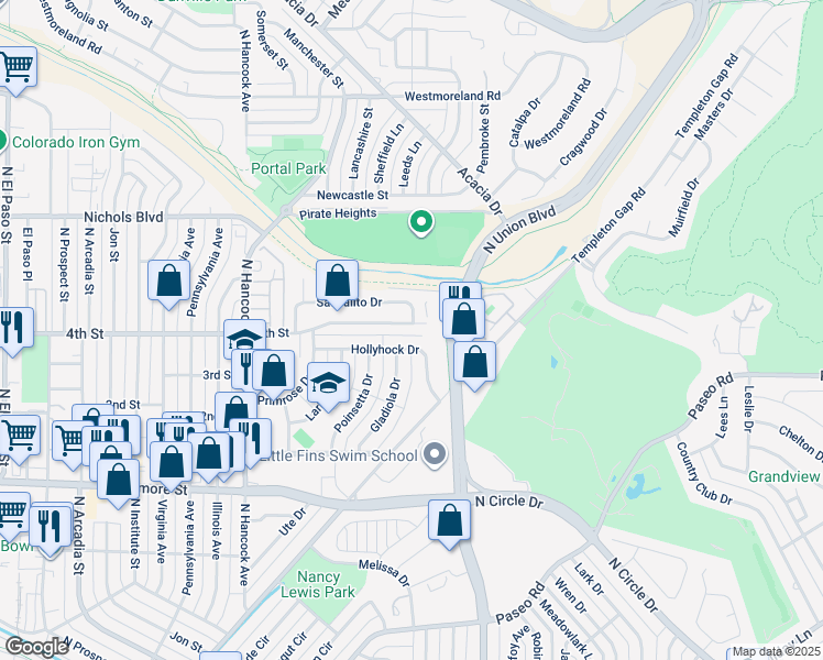 map of restaurants, bars, coffee shops, grocery stores, and more near 1653 4th Street in Colorado Springs