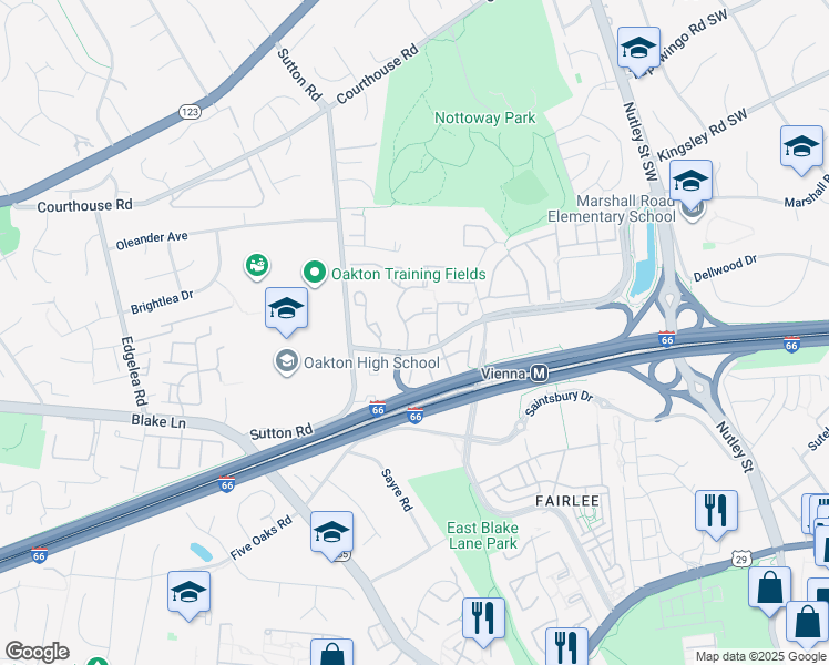 map of restaurants, bars, coffee shops, grocery stores, and more near 2931 Village Spring Lane in Vienna