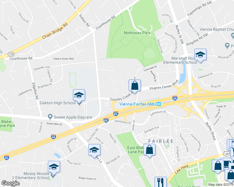 map of restaurants, bars, coffee shops, grocery stores, and more near 2931 Village Spring Lane in Vienna