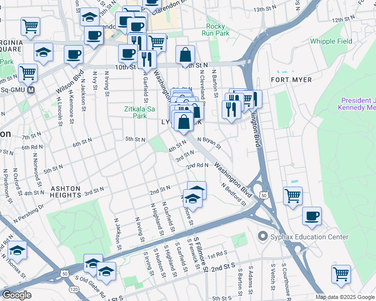 map of restaurants, bars, coffee shops, grocery stores, and more near 2615 3rd Street North in Arlington