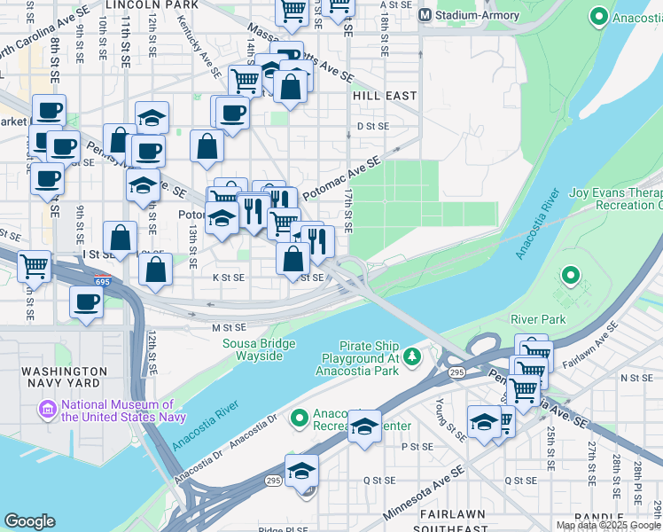 map of restaurants, bars, coffee shops, grocery stores, and more near Pennsylvania Ave SE & K St SE in Washington