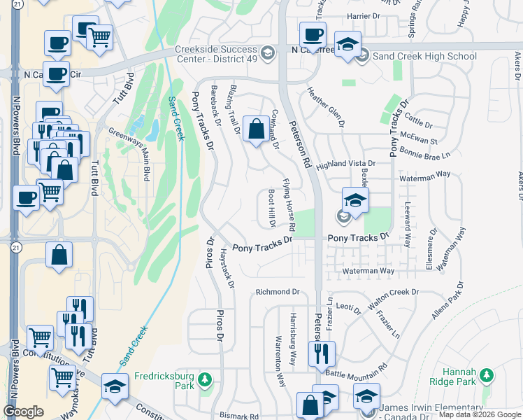 map of restaurants, bars, coffee shops, grocery stores, and more near 3130 Boothill Drive in Colorado Springs