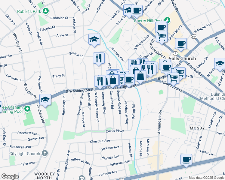map of restaurants, bars, coffee shops, grocery stores, and more near 7189 U.S. 29 in Falls Church