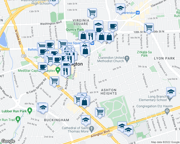 map of restaurants, bars, coffee shops, grocery stores, and more near 3714 6th Road North in Arlington