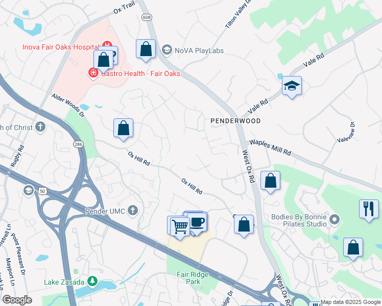 map of restaurants, bars, coffee shops, grocery stores, and more near 3787 Penderwood Drive in Fairfax