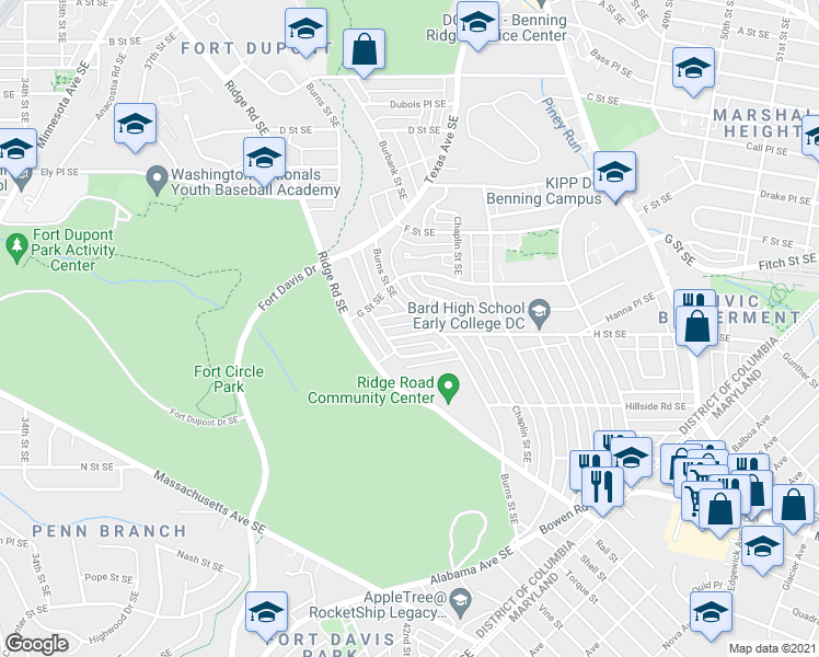 map of restaurants, bars, coffee shops, grocery stores, and more near 4232 H Street Southeast in Washington