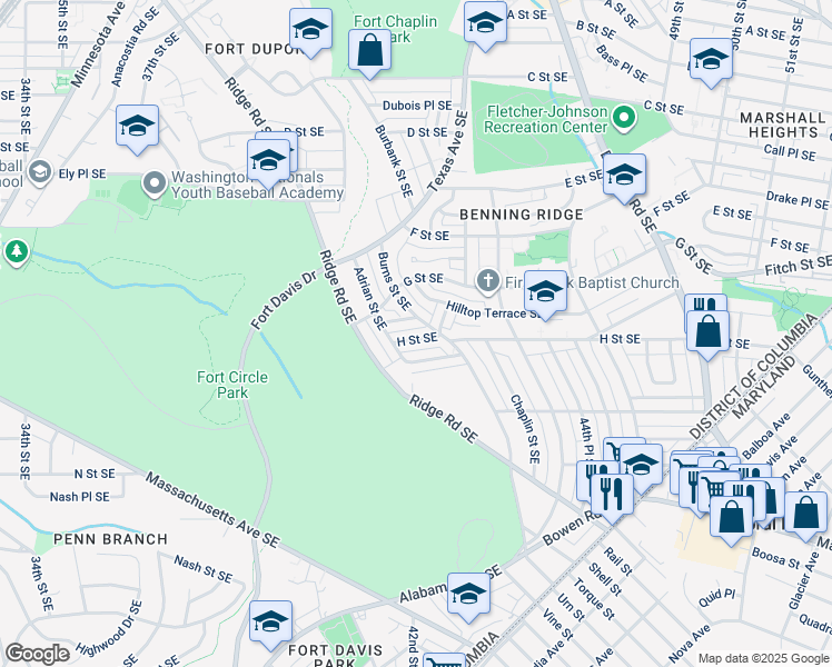 map of restaurants, bars, coffee shops, grocery stores, and more near 4232 H Street Southeast in Washington