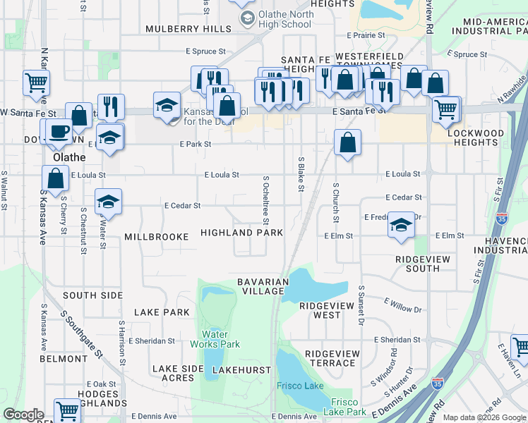 map of restaurants, bars, coffee shops, grocery stores, and more near 604 East Glendale Street in Olathe