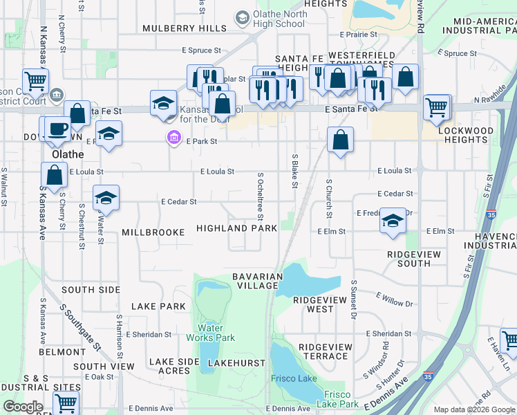 map of restaurants, bars, coffee shops, grocery stores, and more near 604 East Glendale Street in Olathe