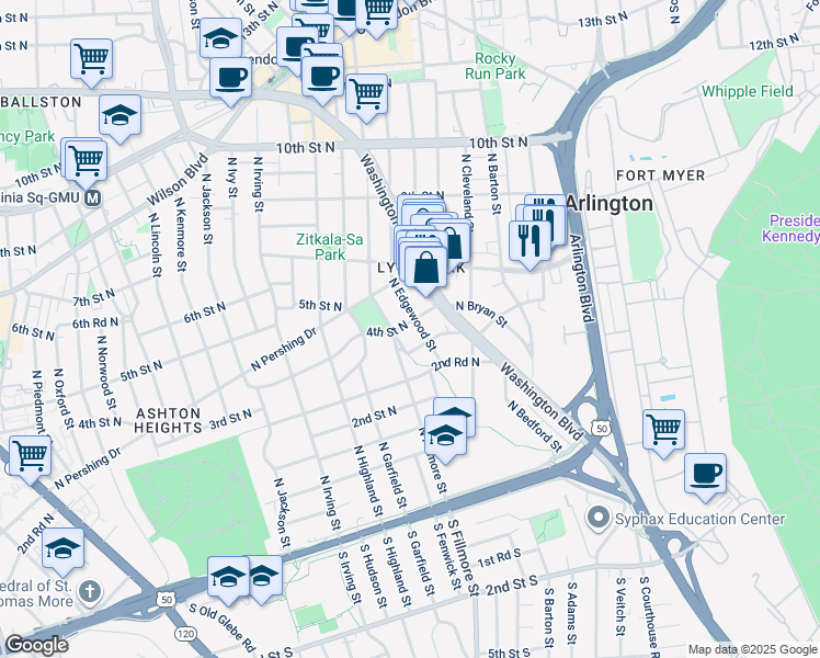 map of restaurants, bars, coffee shops, grocery stores, and more near 2806 4th Street North in Arlington