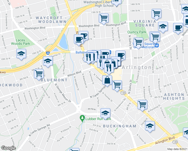 map of restaurants, bars, coffee shops, grocery stores, and more near 718 North Tazewell Street in Arlington