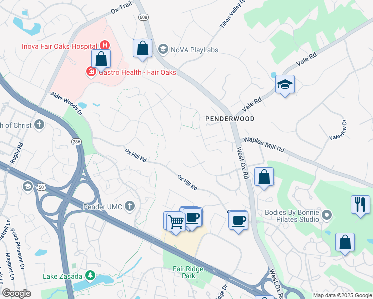 map of restaurants, bars, coffee shops, grocery stores, and more near 3787 Penderwood Drive in Fairfax