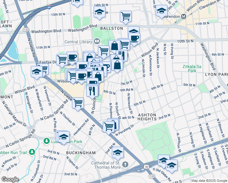 map of restaurants, bars, coffee shops, grocery stores, and more near 604 North Oxford Street in Arlington