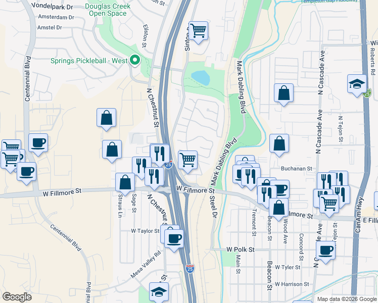 map of restaurants, bars, coffee shops, grocery stores, and more near 41 A Street in Colorado Springs