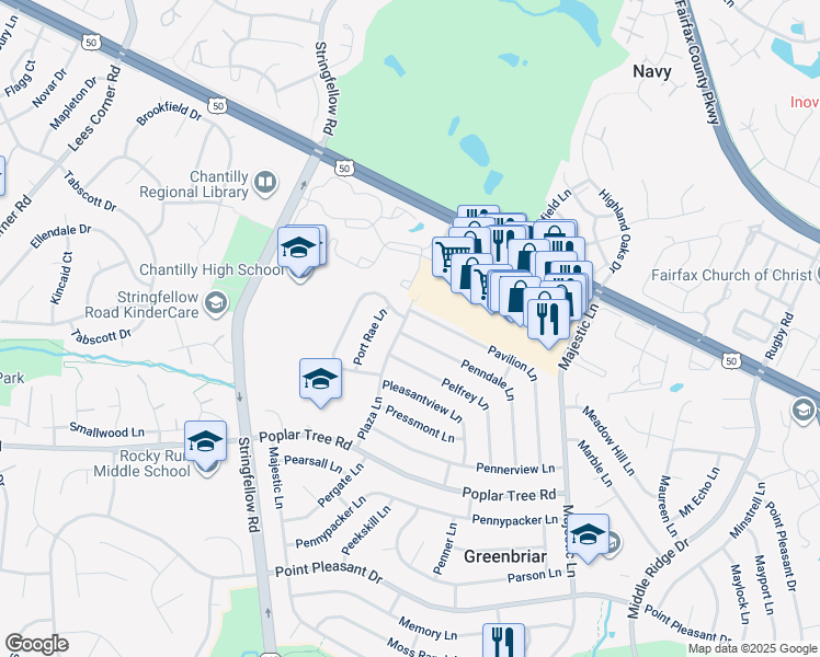 map of restaurants, bars, coffee shops, grocery stores, and more near 4105 Plaza Lane in Fairfax