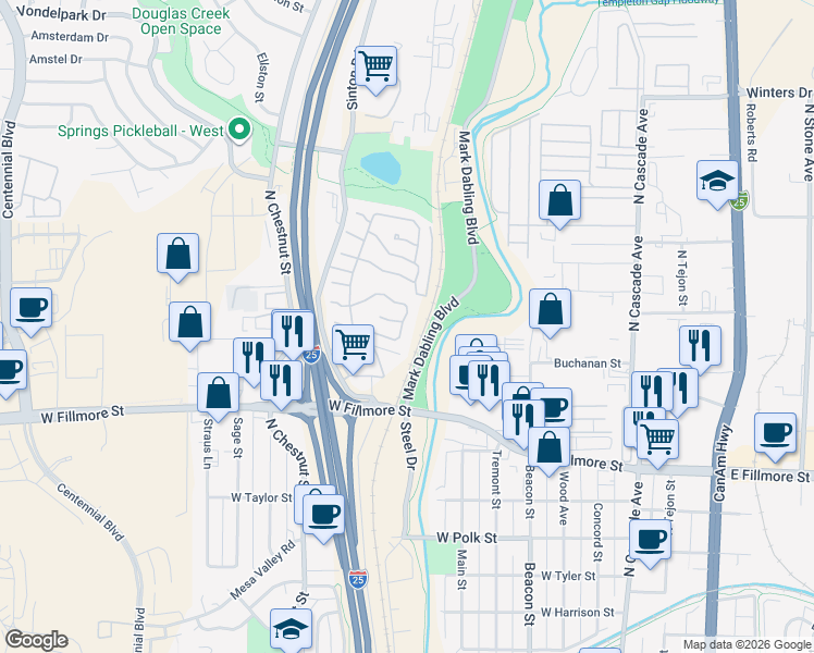 map of restaurants, bars, coffee shops, grocery stores, and more near 32-41 A St in Colorado Springs